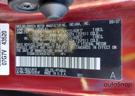 2008 Toyota Sienna Xle из США, поврежденный, VIN 5TDBK22CX8S010713